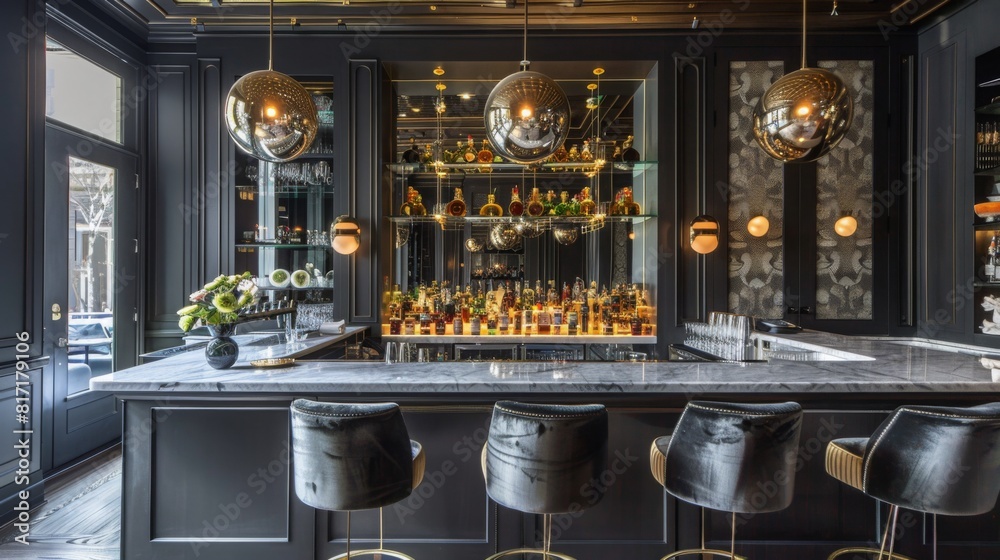 A modern black bar with tall stools arranged around it, illuminated by a hanging chandelier, creating an elegant ambiance. A modern black bar with tall stools arranged around it, illuminated by a hanging chandelier, creating an elegant ambiance.