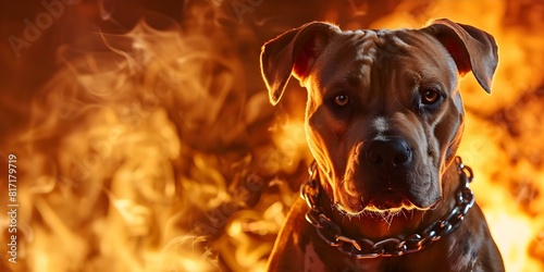 Muscular American Pit Bull in room with chain background smoke in corner. Concept Dog Photoshoot, Tough Canine, Urban setting, Chain Detail, Smoke Effect