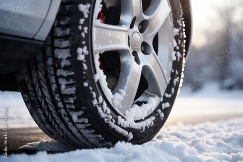 Winter tire close up. Detail of car tires in winter on the road covered with snow. Winter traveling by car.