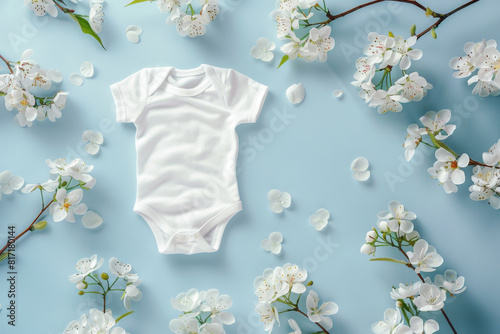 Flat lay of a plain white baby onesie surrounded by lush cherry blossoms on a pastel blue background, symbolizing new life photo