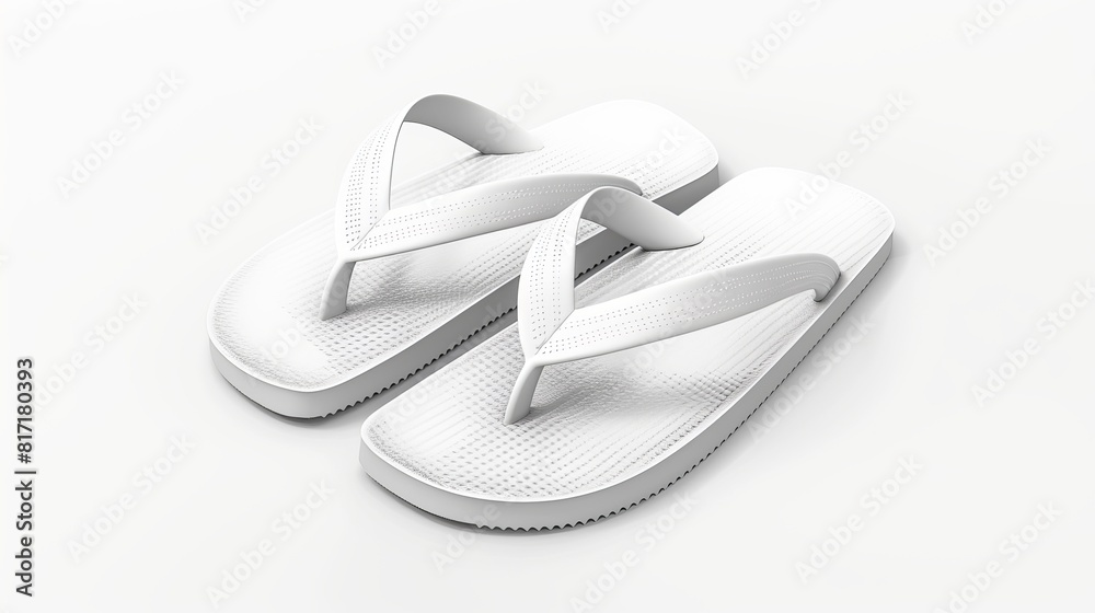 3D illustration of plain white beach slippers, presented as a mockup template on a white background. 3D illustration of plain white beach slippers, presented as a mockup template on a white background.