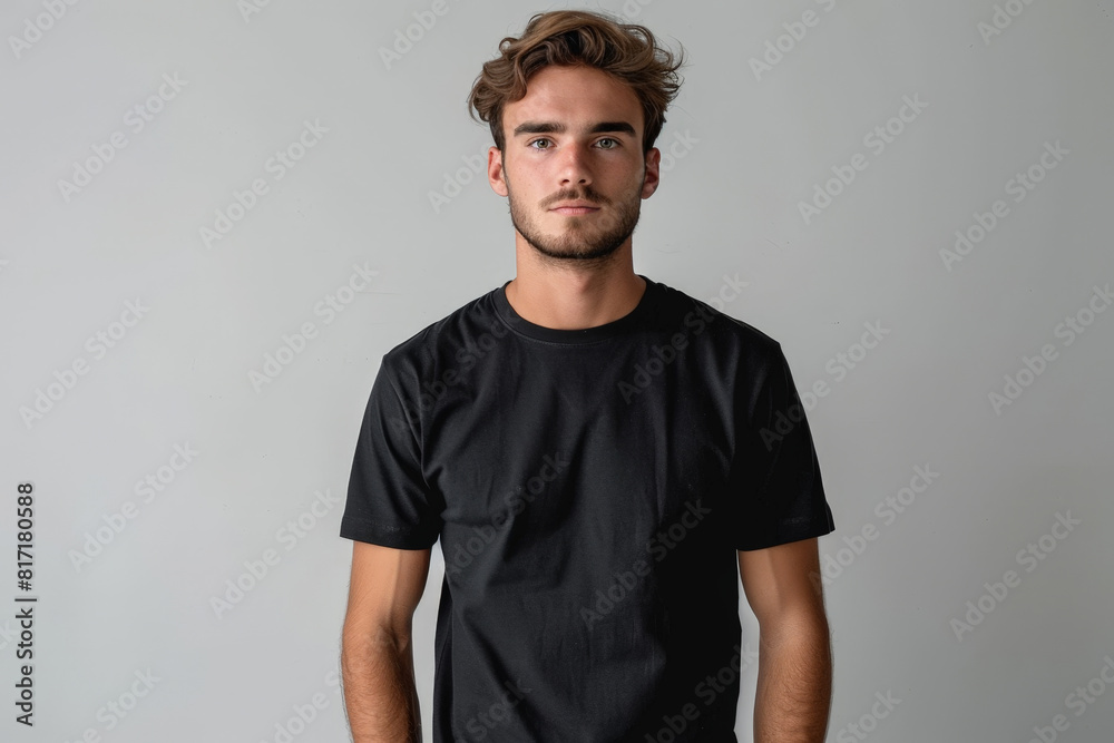 A young man standing while wearing a plain black t-shirt A young man standing while wearing a plain black t-shirt