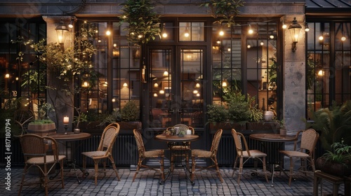 A restaurant setting with tables and chairs arranged neatly on a cobblestone street, ready for visitors to dine and enjoy the outdoor ambiance.