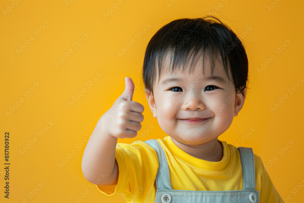 Adorable asian toddler with a cheerful smile, wearing a yellow shirt, giving a thumbs up against a vibrant yellow background
