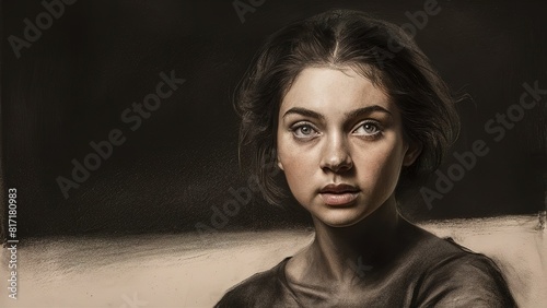 Portrait of a girl female young in the dark oil painting art concept artistic frame retro