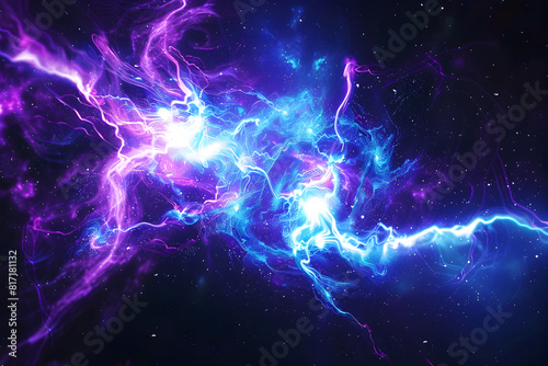 Electric neon galaxy with pulsating blue and purple lights on black background.