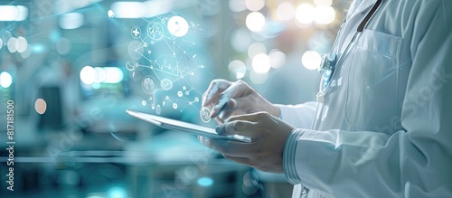 Woman in lab coat uses futuristic screen in Automotive lighting lab photo