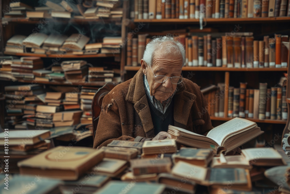 An elderly man sitting in a library, engrossed in a book he is reading An elderly man sitting in a library, engrossed in a book he is reading