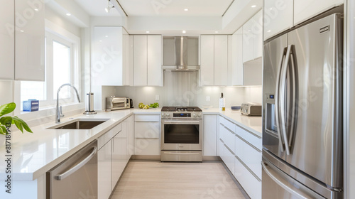 Minimalist kitchen with clean lines  white cabinets  and stainless steel appliances.