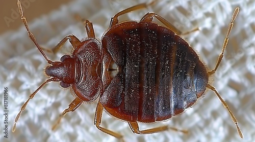 Detailed high quality close up of brown bedbug with shield shaped wings on white sheet