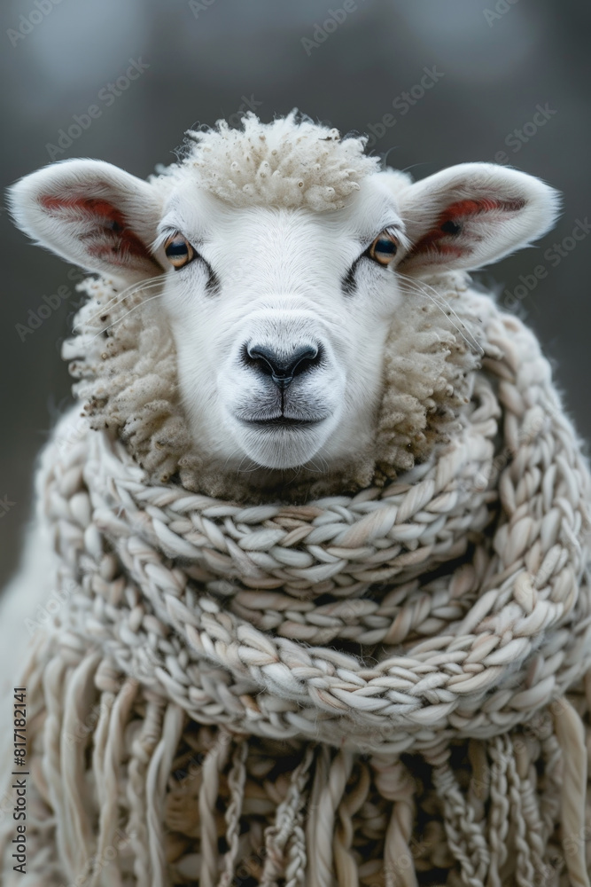 A sheep standing with a scarf tied around its head in a field A sheep standing with a scarf tied around its head in a field