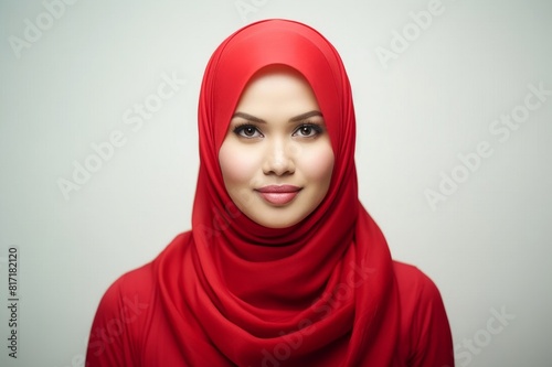 portrait of woman in red hijab on white background
