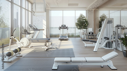 Modern white home gym with a variety of exercise equipment and a large window.