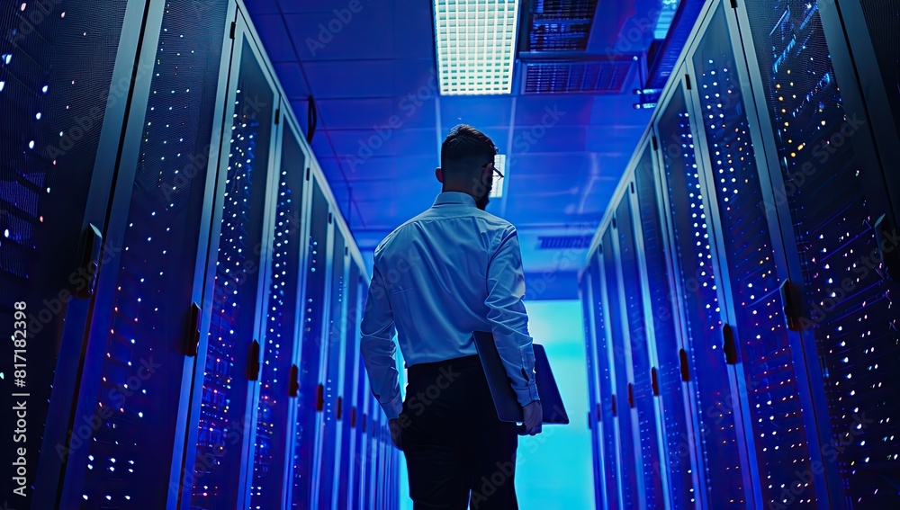 Computer engineer working on laptop computer with server room, data center, big data storage as backgrounds. generative ai. Computer engineer working on laptop computer with server room, data center, big data storage as backgrounds. generative ai.