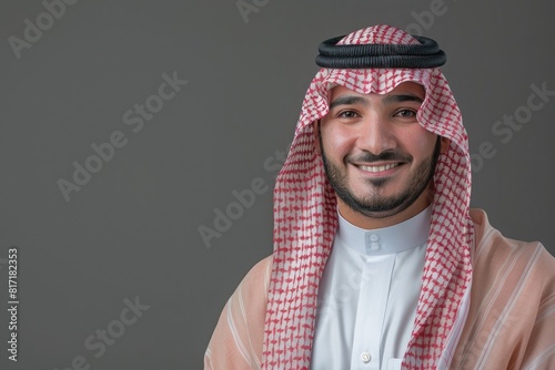 Portrait of a smiling Saudi man wearing a thobe and ghutra, isolated on a gray background with copy space. Photographed 8k real photo photography.