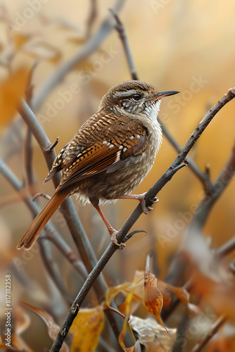 Wren Bird Perched on Twig Against Autumnal Backdrop: The Ultimate Display of Nature's Camouflage