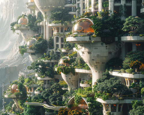 Craft a visually striking scene featuring a birds-eye view of a utopian cityscape filled with floating, edible gardens intertwined with futuristic culinary arts labs