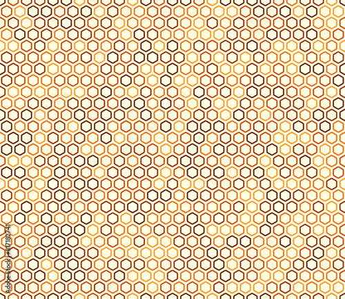 Abstract vector background featuring bold rounded hexagon cells with padding in orange color tones. Seamless pattern and tileable vector illustration.