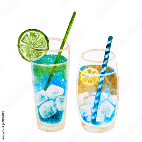 Set watercolor cocktail drink, tropical beverage blue curacao with lime, summer party symbol