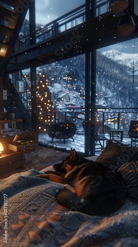 a dog sleeping peacefully and dreaming inside a modern home at night  surrounded by the comfort of familiar surroundings.