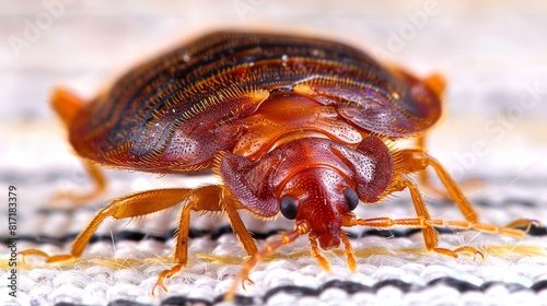 Detailed close up of a gray bedbug on striped pillow, emphasizing its hairy legs photo