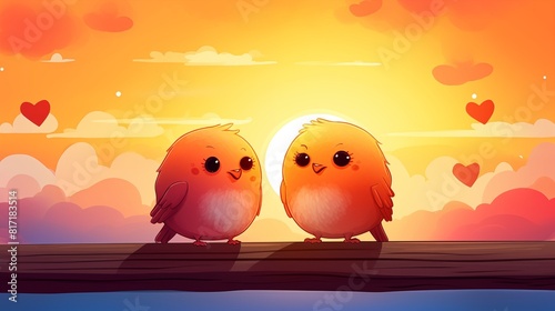 Charming illustration features two birds perched on a branch amid a golden sunset, creating a tranquil scene with the sun setting, casting warm hues across the sky.