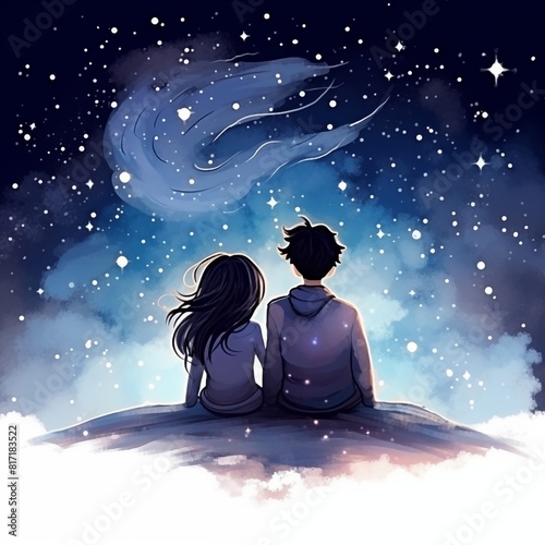 Illustration of a couple sits side by side, gazing at the starry night sky, immersed in an immensely romantic atmosphere filled with twinkling stars and enchantment.