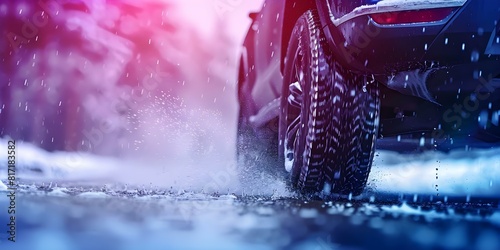 Closeup of SUV tire in rainy weather with water splashing on road. Concept Automotive Photography, Tire Closeups, Rainy Weather, Water Splashing, Road Reflections
