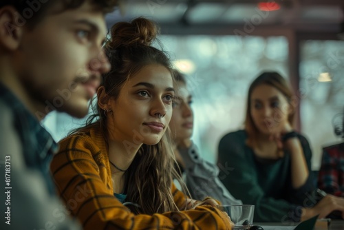 A young woman engages in a thoughtful conversation at a cafe, surrounded by friends, capturing a moment of connection and contemplation.   © Kishore Newton