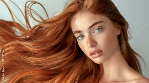 A beautiful caucasian woman showcasing long  smooth  and shiny mahogany hair  advertising for hair dye products  hair care  white solid color background  copy space.