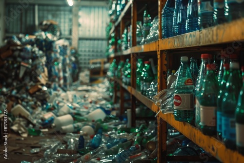 Vivid depiction of a cluttered recycling facility with shelves stocked and floors covered in assorted plastic bottles.  