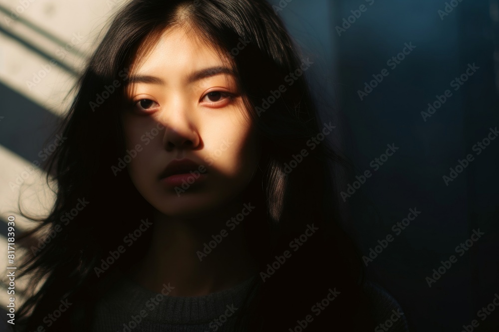 Portrait of young Asian woman A portrait of a young Asian woman while half of her face is lit by the sun and the other half is in the shadow Portrait of young Asian woman A portrait of a young Asian woman while half of her face is lit by the sun and the other half is in the shadow