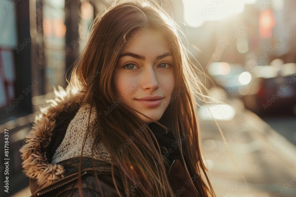 Young woman enjoys a sunny winter day in the city, her face bathed in golden sunlight, looking serene.
