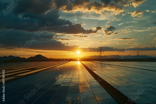 Dramatic sunset over solar panels, showcasing the interplay of technology and nature, with vibrant skies and cloud patterns. 