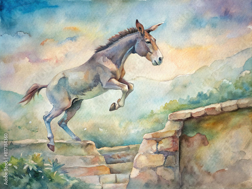 A charming watercolor composition capturing the athleticism of mule jumping  with the mule soaring over a rustic stone wall in a beautiful countryside setting.