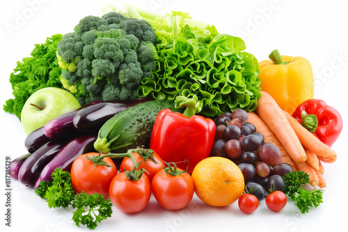 Healthy vegetables and fruits on white background