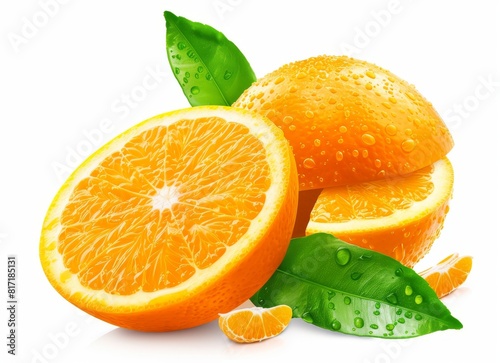 Orange fruit and orange leaves on a background.