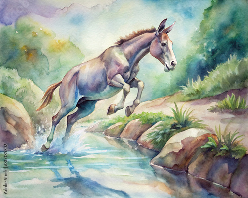 A beautiful watercolor scene of mule jumping over a stream  capturing the excitement and energy of the sport