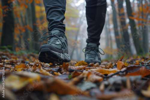 A person legs walking through the forest trail