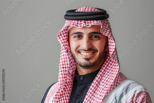 Portrait of a smiling Saudi man wearing a thobe and ghutra, isolated on a gray background with copy space. Photographed 8k real photo photography.