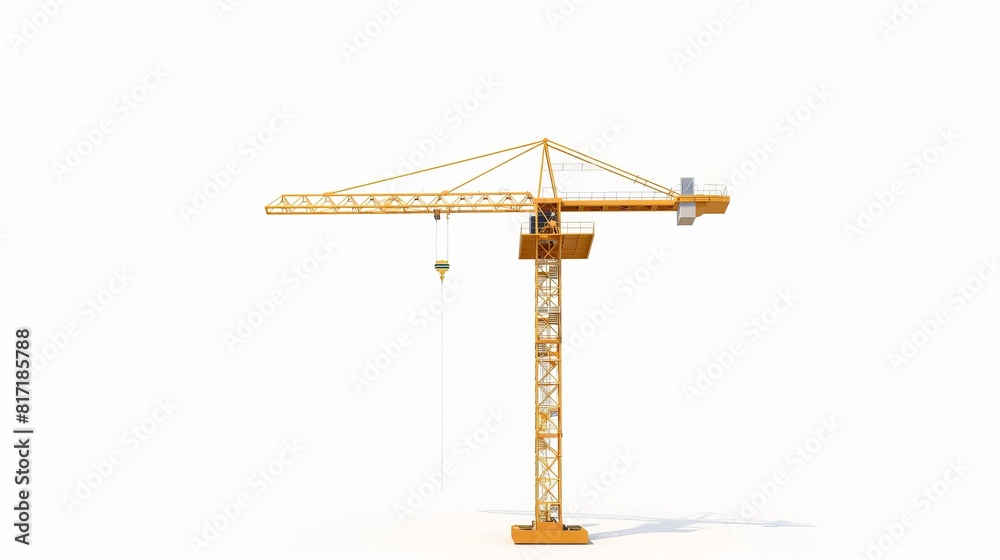 A 3D rendering of a full-height yellow tower crane isolated on a white background, representing building and construction equipment. A 3D rendering of a full-height yellow tower crane isolated on a white background, representing building and construction equipment.
