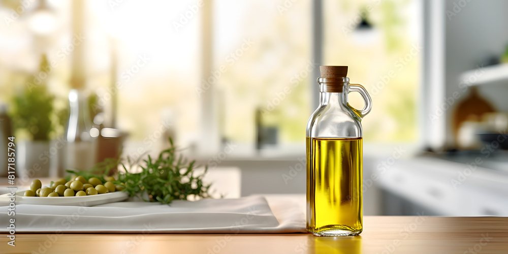 A glass bottle with olive oil and green olive twig on table, blurred kitchen background A glass bottle with olive oil and green olive twig on table, blurred kitchen background