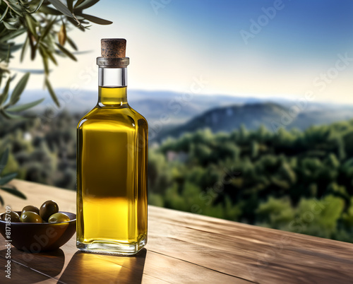 A glass bottle with olive oil and green olive twig on wooden table  blurred green outdoor background 
