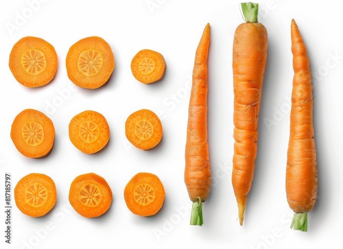 Carrot isolated on white background with clipping path. Carrots are cut into slices and halves.