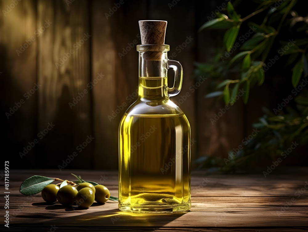 A glass bottle with olive oil and green olive twig on wooden table, blurred wooden wall background A glass bottle with olive oil and green olive twig on wooden table, blurred wooden wall background