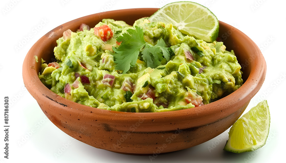 Bowl of delicious guacamole with lime isolated on white Bowl of delicious guacamole with lime isolated on white