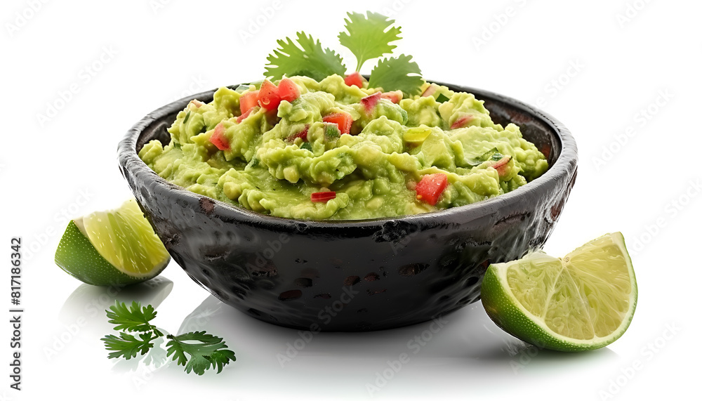 Bowl of delicious guacamole with lime isolated on white Bowl of delicious guacamole with lime isolated on white