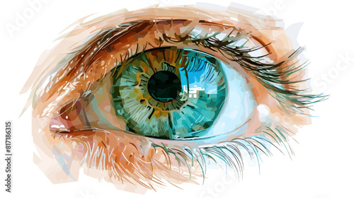  a human eyeball that is green with a little bit of brown in the center of the iris and a little bit of blue at the edge of the iris in a graphic art style in front a white backdrop