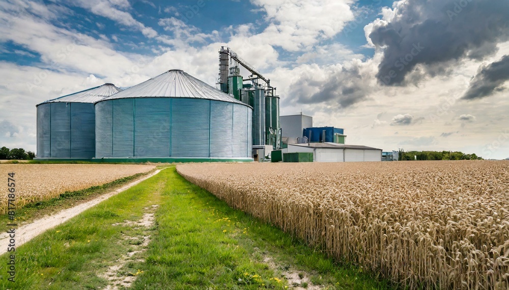 Biogas plant with grain field in the foreground Biogas plant with grain field in the foreground