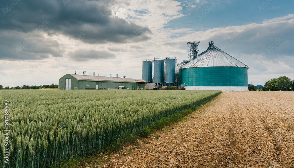 Biogas plant with grain field in the foreground Biogas plant with grain field in the foreground